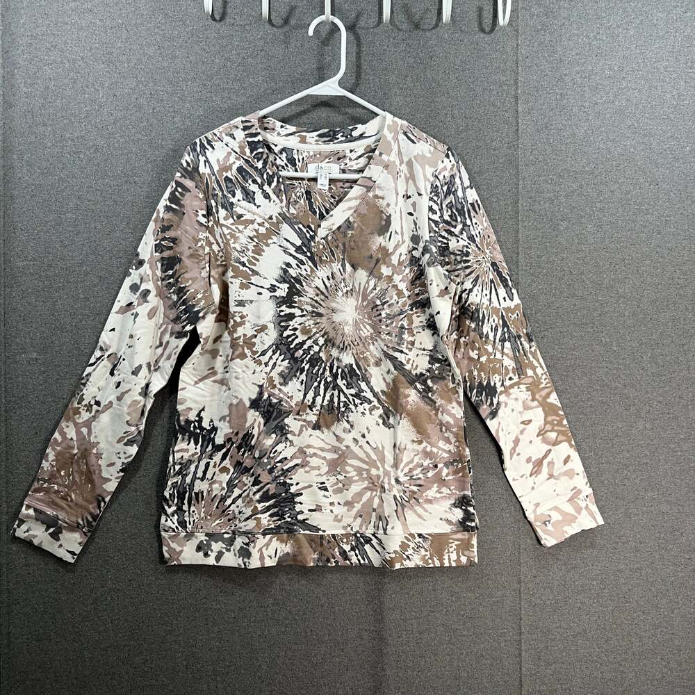 Denim & Co Active Printed Terry V-Neck Pullover Natural, X-Small